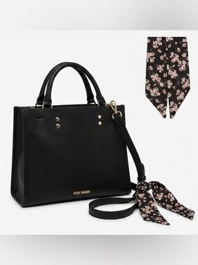 Steve Madden Black Pebbled Leather Tote Bag Satchel Floral Scarf Accent Like New